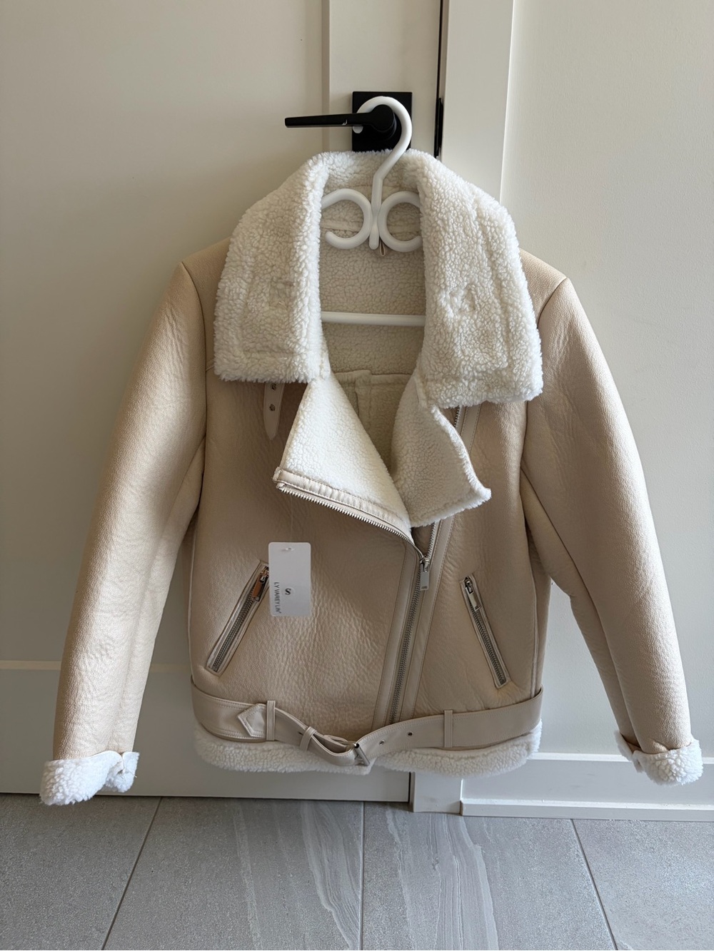 Cream Sherpa-Lined Moto Jacket